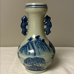 Blue & White Ceramic Landscape Vase Decorative Handles 8.25in